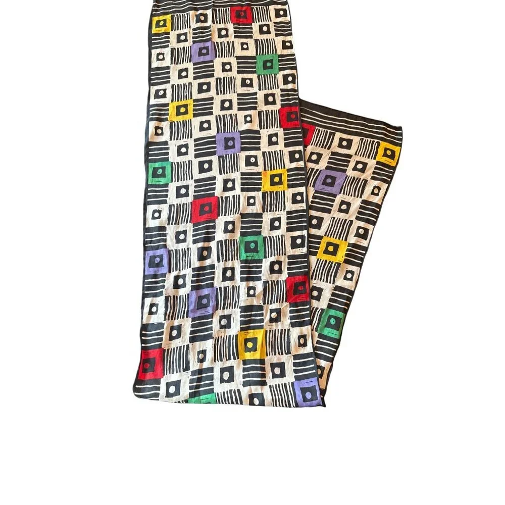 Vintage‎ Geometric Patterned Silk Scarf Black/White Red Yellow Purple Accents